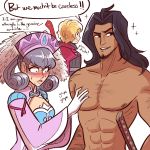  1girl 2boys abs absurdres black_hair blonde_hair blue_eyes blush breasts dark_skin dunban groping hat head_wings hetero highres long_hair male_focus medium_breasts melia monado multiple_boys muscle pectorals scruffyturtles shulk silver_hair sparkle sweatdrop topless xenoblade_(series) xenoblade_1 