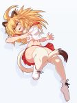  1girl :d animal_ear_fluff animal_ears bangs between_legs blonde_hair breast_pocket breasts crop_top fangs full_body fur_collar hair_between_eyes highres kemono_friends lion_(kemono_friends) lion_ears lion_girl lion_tail long_hair medium_breasts miniskirt open_mouth pleated_skirt pocket poifuru red_skirt shirt short_sleeves silhouette simple_background skirt smile solo tail tail_between_legs teeth thighhighs thighs white_background white_footwear white_shirt yellow_eyes 