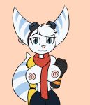  anthro blue_eyes breasts clothed clothing eyewear female fur goggles hi_res lombax looking_at_viewer mammal metalaura neckerchief nipples prosthetic prosthetic_arm prosthetic_limb ratchet_and_clank rift_apart_lombax simple_background smile solo stripes video_games 