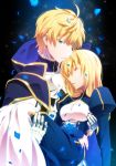 1boy 1girl arthur_pendragon_(fate) artoria_pendragon_(all) bangs blonde_hair blue_cape blue_dress breastplate breasts bustier cape carrying cleavage closed_eyes closed_mouth dress fate/prototype fate/stay_night fate_(series) gauntlets green_eyes hair_between_eyes highres long_dress long_hair long_sleeves open_mouth pochi-a princess_carry saber small_breasts 
