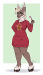  2018 anthro antlers aurora_(fairdahlia) big_breasts blonde_hair breasts brown_eyes candy candy_cane capreoline cervid clothed clothing curvaceous curvy_figure fairdahlia female food fur hair hi_res hooves horn mammal reindeer smile solo sweater_dress voluptuous wide_hips 