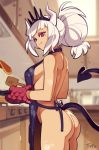  1girl apron ass bangs black_tail blunt_bangs blurry blurry_background breasts closed_mouth cooking demon_girl demon_horns demon_tail helltaker horns indoors large_breasts looking_at_viewer lucifer_(helltaker) mole mole_under_eye naked_apron optionaltypo red_eyes smile solo tail white_hair white_horns 