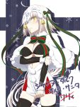  1girl ahoge bangs black_bra black_legwear blush bow bra breasts capelet cleavage closed_mouth cosplay cowboy_shot dress dress_tug eyebrows_visible_through_hair fate/grand_order fate_(series) floating_hair fur-trimmed_capelet fur_trim green_bow green_ribbon hair_between_eyes hair_bow hair_ribbon headpiece jeanne_d&#039;arc_(alter)_(fate) jeanne_d&#039;arc_(fate)_(all) jeanne_d&#039;arc_alter_santa_lily jeanne_d&#039;arc_alter_santa_lily_(cosplay) large_breasts long_hair long_sleeves open_clothes open_dress pochi-a ribbon silver_hair snowflakes solo standing strapless strapless_bra sweatdrop thighhighs underboob underwear very_long_hair white_background white_capelet white_dress yellow_eyes 