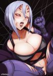 1girl arachne between_legs blush bob_cut bottomless breasts carapace cheek_bulge cleavage collarbone extra_eyes fellatio_gesture hair_between_eyes hand_between_legs handjob_gesture insect_girl large_breasts looking_at_viewer masturbation monster_girl monster_musume_no_iru_nichijou multiple_legs naughty_face oral_invitation pink_seito pinky_out rachnera_arachnera red_eyes sharp_teeth short_hair silver_hair solid_eyes solo spider_girl teeth tongue 