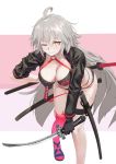  1girl absurdres ahoge bent_over bikini black_bikini black_gloves black_jacket blush breasts cleavage closed_mouth cowboy_shot eyebrows_visible_through_hair fate/grand_order fate_(series) gloves grin hair_between_eyes hand_on_hip highres holding holding_sword holding_weapon jacket jeanne_d&#039;arc_(alter)_(fate) jeanne_d&#039;arc_(alter_swimsuit_berserker) jeanne_d&#039;arc_(fate)_(all) katana large_breasts long_hair long_sleeves looking_at_viewer me/r o-ring o-ring_bikini o-ring_footwear one_eye_closed open_clothes open_jacket pink_background red_legwear sandals scabbard sheath sheathed silver_hair simple_background single_thighhigh smile solo swimsuit sword thigh_strap thighhighs thighs two-tone_background unsheathed weapon white_background yellow_eyes 