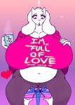  &lt;3 2020 absurd_res anthro belly big_breasts boss_monster bovid breasts caprine clothed clothing digital_media_(artwork) dress duo english_text female gift goat hi_res huge_breasts hyper hyper_breasts leggings legwear mammal midriff navel overweight overweight_female profanity shirt solo_focus sukoi_(artist) text thick_thighs topwear toriel undertale video_games wide_hips 