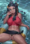  1girl black_hair blue_eyes blue_eyeshadow blue_hair blush breasts collarbone dark_skin earrings eyeshadow forehead gym_leader hair_bun halter_top halterneck hoop_earrings innertube jewelry large_breasts long_hair looking_at_viewer makeup multicolored_hair navel parted_lips pokemon pokemon:_twilight_wings pokemon_(game) pokemon_swsh pubic_hair pussy red_shirt rurina_(pokemon) sarong shirt sidelocks smile thighs two-tone_hair unfairr water wet 