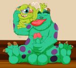  absurd_res anthro ass_licking ball_grab balls blush bodily_fluids claws cum cumshot disney duo ejaculation genital_fluids genitals hi_res looking_pleasured male male/male masturbation mike_wazowski monster monsters_inc pixar redemption3445 sulley 