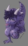  anthro breast_grab breasts ceratopsian claws curled_hair dinosaur female goodbye_volcano_high hair hand_on_breast horn looking_at_viewer non-mammal_breasts nose_horn ornithischian purple-blep purple_body reptile scalie solo tongue tongue_out triceratops trish_(goodbye_volcano_high) 