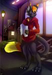  absurd_res anthro black_body bottomless chibity city city_background cityscape clothed clothing domestic_cat felid feline felis flyer_(pamphlet) hair hi_res holding_object hoodie male mammal night orange_hair pamphlet purple_eyes ryker solo stairs standing tail_tuft topwear tuft 