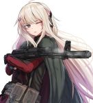  1girl ak-74m ak-74m_(girls_frontline)_(rabochicken) belt_pouch blonde_hair blood blood_on_face blue_eyes cape ear_protection girls_frontline gun hair_ornament hairclip highres long_hair one_eye_closed pouch rabochicken simple_background smoke solo weapon white_background 