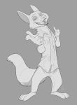  2020 absurd_res anthro barefoot bottomwear canid canine cheek_tuft claws clothed clothing disney eyes_mostly_closed facial_tuft fangs finger_gun fluffy fluffy_tail fox fully_clothed fur gesture grey_background head_tuft hi_res male mammal monochrome narrowed_eyes necktie nick_wilde open_mouth open_smile pants red_fox secoh2000 sharp_teeth shirt simple_background smile solo standing teeth toe_claws topwear tuft zootopia 