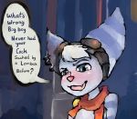  anthro ear_piercing english_text eyewear female fur goggles lombax looking_at_viewer mammal meme neckerchief piercing ratchet_and_clank rift_apart_lombax smile solo stripes text tzuki_97 video_games 