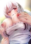  1boy 1girl azur_lane bangs black_ribbon blurry blurry_background blush breast_grab breasts breasts_outside commentary_request crying crying_with_eyes_open depth_of_field eyebrows_visible_through_hair frills from_below grabbing grabbing_from_behind groping hair_ribbon hetero highres imo_bouya large_breasts looking_down nipples open_mouth pink_eyes ribbon short_hair silver_hair sirius_(azur_lane) solo_focus sweat tears wrist_grab 