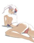  1girl bikini bun_cover fate/grand_order fate_(series) grey_eyes hair_bun halter_top halterneck head_tilt highres looking_back lying miyamoto_musashi_(fate/grand_order) miyamoto_musashi_(swimsuit_berserker)_(fate) mo_(kireinamo) on_stomach panties simple_background smile solo striped striped_panties swimsuit underwear 