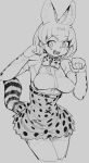  1girl absurdres animal_ears animal_print armpit_crease armpit_peek armpits bare_shoulders belt blush bow bowtie elbow_gloves eyebrows_visible_through_hair gloves hands hands_up highres iizuna kemono_friends open_mouth serval_(kemono_friends) serval_print serval_tail sharp_teeth short_hair solo tail teeth thighhighs 