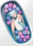  1girl absurdres barefoot bathing bathtub blue_flower breasts closed_mouth colored_eyelashes commentary_request dark_skin fetal_position flower from_above full_body highres hydrangea looking_at_viewer medium_breasts nana_mikoto nude original partially_submerged petals pink_flower pink_lips see-through sideboob silver_eyes silver_hair smile solo 