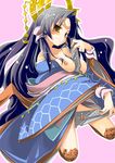  between_breasts black_hair blush breasts facial_mark hexagon japanese_clothes karaginu_mo kimono kyouran_kazoku_nikki layered_clothing layered_kimono long_hair medium_breasts midarezaki_gekka nipples simple_background solo very_long_hair yellow_eyes yomi_(incubator) 