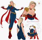  1girl 2boys absurdres blonde_hair boots bottle breasts cleavage commentary_request crazytom english_text full_body genderswap genderswap_(mtf) gloves highres homelander image_in_thought_bubble large_breasts long_hair milk_bottle multiple_boys red_gloves russian_commentary simple_background the_boys thought_bubble white_background 