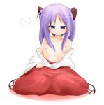  blue_eyes blush breasts collarbone dama embarrassed hair_ribbon hakama hiiragi_kagami japanese_clothes long_hair lucky_star miko nipples purple_hair red_hakama ribbon sandals sitting small_breasts smile solo topless tsurime twintails wariza 