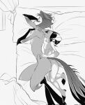  2024 5_fingers anthro avian beak bed biped bird bite black_beak black_hands black_hooves blitzo_(helluva_boss) blush blush_lines butt chest_tuft clothed clothing container cup digital_media_(artwork) digitigrade duo eyes_closed feathers feet fingers from_behind_position full-length_portrait fur furniture genitals grey_body grey_fur grey_hair hair hand_on_hip hand_on_neck helluva_boss hi_res hooves horn imp long_tail_feathers looking_at_viewer lying male male/male markings monochrome mundayme neck_grab neck_tuft nude on_bed on_side open_beak open_mouth owl_demon portrait romantic romantic_sex sex shoulder_bite simple_background spoon_position spots spotted_markings stolas_(helluva_boss) tail tail_feathers teeth tuft white_background white_face white_spots 