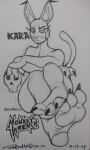  2024 3_toes alien anthro assassin barefoot biped caracal caracal_(genus) dated ears_up english_text feet felid feline female fingerless_armwear foot_fetish foot_focus hi_res humanoid humanoid_feet inner_ear_fluff kara_(monkey_wrench) logo looking_at_viewer mammal mask monkey_wrench_(series) paws plantigrade raised_tail signature simple_background soles solo tail text thebigmansini toeless_legwear toes tuft 