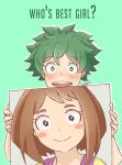  1boy 1girl :d blush blush_stickers boku_no_hero_academia brown_eyes brown_hair commentary english_commentary english_text freckles green_background green_eyes green_hair hazelnuts_(soy_random) holding_picture looking_at_viewer messy_hair midoriya_izuku open_mouth picture_(object) short_hair signature smile uraraka_ochako 