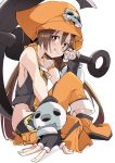  1girl anchor black_gloves brown_eyes brown_hair clenched_teeth eyebrows_visible_through_hair fingerless_gloves gloves guilty_gear hat ixy long_hair looking_at_viewer may_(guilty_gear) orange_hat pirate_hat simple_background sitting skull smile solo teeth white_background 