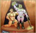  5_fingers anthro avian biped bird claws clothing couch_gregor drag duo feet fingers footwear galliform hi_res humanoid kneeling male male/male mask muscular muscular_male mythological_creature mythological_golem mythology peafowl phasianid standing thong toe_claws toeless_footwear toes underwear 