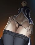  alien bedroom_eyes bioware blue_pussy bodypaint bottomwear bottomwear_down clothed clothing clothing_aside electronic_arts face_paint female flat_chested genitals green_eyes hi_res low-angle_view mass_effect narrowed_eyes navel panties panties_aside pants pants_down partially_clothed pinup plump_labia pose presenting presenting_pussy pussy seductive shirt simple_background solo spacemaxmarine standing topwear turian underwear underwear_aside undressing worm's-eye_view 