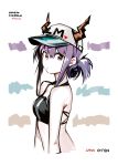  1girl arknights bare_shoulders baseball_cap bikini black_bikini ch&#039;en_(arknights) character_name color_guide cropped_torso deel_(rkeg) dragon_horns halterneck hat highres horns horns_through_headwear long_hair looking_at_viewer midriff ponytail purple_hair red_eyes sidelocks solo swimsuit tied_hair white_headwear 