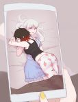  blanket cellphone lying nightgown on_stomach pajamas phone ruby_rose rwby scroll_(rwby) sleeping sleeping_on_person sleepwear smartphone taking_picture tank_top weiss_schnee yang_xiao_long yellow_nails 