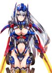  1girl blue_eyes breasts cleavage clenched_hand eyebrows_visible_through_hair floating_hair genderswap genderswap_(mtf) grey_hair highleg highres i.takashi long_hair looking_at_viewer mecha_musume midriff midriff_cutout optimus_prime personification solo thigh_gap transformers white_background wrist_blades 