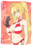  1girl ahoge bangs bare_shoulders bikini black_cat blonde_hair blush breasts cat character_name cigar_cat cleavage closed_mouth collarbone criss-cross_halter fate/grand_order fate_(series) green_eyes hair_intakes halterneck highres large_breasts long_hair navel nero_claudius_(fate)_(all) nero_claudius_(swimsuit_caster)_(fate) red_background red_bikini smile star_(symbol) striped striped_bikini swimsuit tongue tongue_out twintails 
