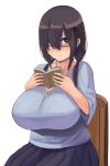  1girl absurdres black-framed_eyewear black_hair book breasts brown_eyes chair closed_mouth glasses hair_over_one_eye highres holding holding_book huge_breasts looking_at_viewer original reading sitting skirt xia_shiming 