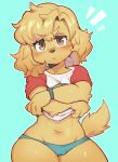  &gt;:( 2020 :&lt; anthro bird_dog black_nose blue_background blue_clothing blue_panties blue_underwear blush breasts brown_body brown_eyes brown_fur brown_hair camel_toe canid canine canis clock clothed clothing clothing_lift crossed_arms domestic_dog female front_view frown fur golden_retriever hair half-length_portrait hi_res hunting_dog kemono looking_at_viewer mammal navel outline panties portrait retriever serious shirt shirt_lift short_tail simple_background solo standing t-shirt thick_thighs topwear underwear undressing watch wide_hips wristwatch ziroro326 