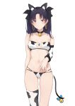  1girl absurdres animal_ears animal_print asymmetrical_sleeves bangs bell bell_choker black_bow black_hair black_sleeves bow bra breasts choker cow_ears cow_print detached_sleeves earrings eyebrows_visible_through_hair fate/grand_order fate_(series) floating_hair grain hair_between_eyes hair_bow hair_intakes highres ishtar_(fate)_(all) ishtar_(fate/grand_order) jewelry long_hair long_sleeves looking_at_viewer medium_breasts navel panties red_eyes simple_background single_sleeve single_thighhigh skindentation smile solo thighhighs twintails underwear very_long_hair white_background white_bra 