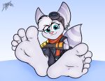  2020 5_toes absurd_res anthro barefoot benjipaws clothing eyewear feet female foot_focus goggles hi_res humanoid_feet lombax mammal ratchet_and_clank rift_apart_lombax scarf signature simple_background sitting soles solo toes video_games 