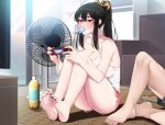  1boy 1girl akchu ass bangs bare_shoulders barefoot black_hair black_nails blush bottle breasts cleavage controller couch electric_fan feet food game_controller hair_between_eyes highres large_breasts long_hair original ponytail popsicle red_eyes shorts sitting soles sweat tank_top television toenail_polish toenails toes 