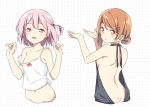  2girls back backless_outfit bangs bare_arms bare_shoulders blush breasts brown_eyes brown_hair camisole cropped_torso eyebrows_behind_hair grey_sweater hair_bun hands_up hatsunatsu looking_at_viewer looking_back medium_breasts meme_attire multiple_girls navel nipple_slip nipples one_side_up original parted_lips pink_hair red_eyes small_breasts smile strap_slip sweater virgin_killer_sweater white_camisole 