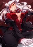  1girl bangs black_neckwear black_suit blunt_bangs blush breasts cleavage clenched_teeth cluseller commentary_request demon_girl fangs formal gloves helltaker highres long_sleeves lucifer_(helltaker) mole mole_under_eye necktie red_eyes red_shirt shirt smile solo suit teeth white_gloves white_hair 