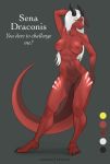  anthro big_breasts black_horn breasts dragon english_text erthy3d female hair horn model_sheet nude pinup pose red_body senadragonis_(character) solo text white_hair yellow_eyes 