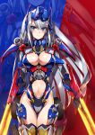  1girl blue_eyes breasts cleavage clenched_hand eyebrows_visible_through_hair floating_hair genderswap genderswap_(mtf) grey_hair highleg highres i.takashi long_hair looking_at_viewer mecha_musume midriff midriff_cutout optimus_prime personification solo thigh_gap transformers wrist_blades 