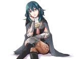  1girl armor blue_eyes blue_hair byleth_(fire_emblem) byleth_(fire_emblem)_(female) cape crossed_legs fire_emblem fire_emblem:_three_houses pantyhose parted_lips robaco simple_background sitting solo twitter_username white_background 