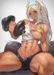  1girl abs animal_ears arm_behind_back bare_arms bare_legs bare_shoulders bikini bikini_top boku_no_hero_academia breasts bunny_ears buttons camisole dripping dumbbell exercise eyebrows_visible_through_hair eyes_visible_through_hair grey_hair grin hand_up high_ponytail holding large_breasts long_eyelashes long_hair looking_at_viewer midriff mirko navel one_breast_out open_clothes open_fly open_shorts rabbit_girl red_eyes short_shorts shorts signature sitting skindentation smile solo souno_hana spread_legs stomach sweat swimsuit toned unbuttoned very_long_hair weightlifting weights 