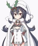  1girl =3 black_hair cape commentary_request dress eyebrows_visible_through_hair fur-trimmed_cape fur-trimmed_gloves fur_trim garter_straps gloves hair_between_eyes hat ilya_(princess_connect!) long_hair looking_at_viewer princess_connect! princess_connect!_re:dive red_eyes red_gloves santa_hat simple_background solo toro_th v-shaped_eyebrows very_long_hair white_background white_cape white_dress white_headwear 