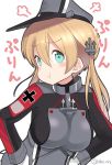  1girl :t ahenn aqua_eyes blonde_hair eyebrows_visible_through_hair hair_between_eyes hat kantai_collection long_hair low_twintails military_hat peaked_cap pout prinz_eugen_(kantai_collection) solo twintails 