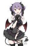  1girl :d bangs bare_shoulders black_dress black_gloves black_legwear black_nails breasts brown_wings chikanoko commentary_request curled_horns dated demon_girl demon_horns demon_tail demon_wings dress eyebrows_visible_through_hair fangs fingerless_gloves gloves hair_between_eyes highres horns index_finger_raised lace lace_gloves medium_breasts nail_polish naito_mare open_mouth pleated_dress purple_hair ragho_no_erika red_eyes signature simple_background sleeveless sleeveless_dress smile solo tail thighhighs white_background wings 