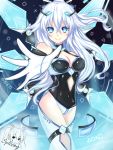  bare_shoulders battlesuit black_heart blue_eyes game_console glowing glowing_eyes glowing_wings hair_ornament highres long_hair neptune_(series) noire playstation playstation_5 signature smile spleeny standing symbol_in_eye tsundere white_hair wings 