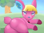  2020 4:3 absurd_res aerth animal_crossing anthro blonde_hair blue_eyes butt cervid clothing digital_drawing_(artwork) digital_media_(artwork) ear_piercing eyelashes eyeshadow featureless_crotch female fuchsia_(animal_crossing) fur fuschia_(animal_crossing) hair half-closed_eyes hi_res hooves looking_at_viewer lying makeup mammal multicolored_ears narrowed_eyes nintendo on_side piercing pink_body pink_fur presenting presenting_hindquarters rear_view shirt short_tail solo topwear video_games 